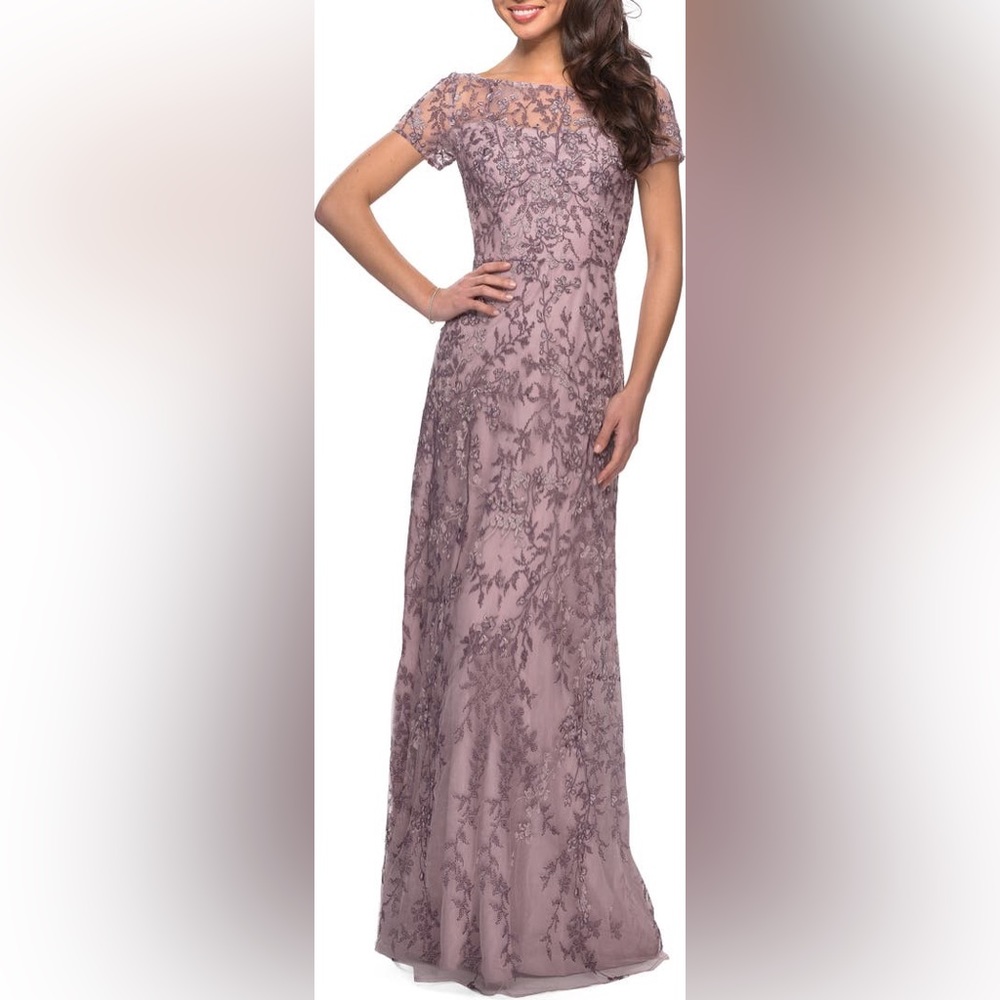 LA FEMME Lace Column Gown